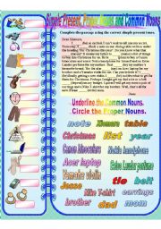 English Worksheet: Simple Present, Common and Proper Nouns **fully editable
