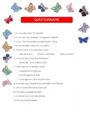 English worksheet: QUESTIONNAIRE AND TEST