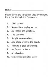 English worksheet: Fragments