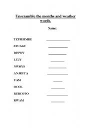 English worksheet: unscramble the months and weather words