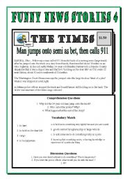 English Worksheet: Funny News Stories 4 - Man Jumps onto semi as a bet, then calls 911