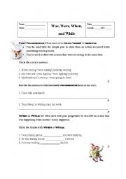 English worksheet: was, were, when, while past progressive