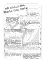 English Worksheet:   Reading on World Cup 2010 - Level 1/2