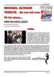 English Worksheet: Michael Jackson - No one will ever fill his shoes - PART 1 from Purr-fect English