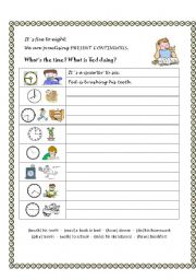 English Worksheet: daily routine, time, present continuous