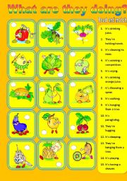 English Worksheet: Present Continuous with fruit and vegetables + Black and White Version