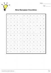 English Worksheet: Nine European Countries Wordsearch