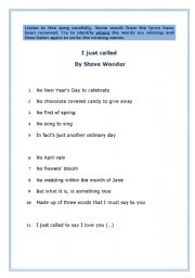 English worksheet: Music Activity - I just called by steve wonder