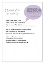 English worksheet: Song activity - I need you by America
