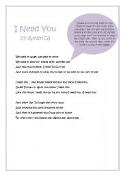 English Worksheet: Song activity - I need you by America