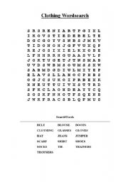 English worksheet: Clothing word search