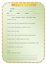 English Worksheet: DEBATE RUBRIC