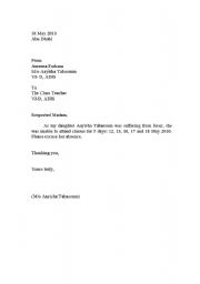 English Worksheet: School Leave Letter Sample
