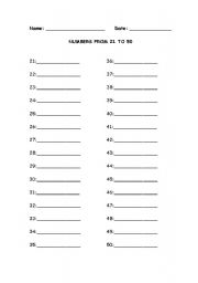 English worksheet: number 21-50