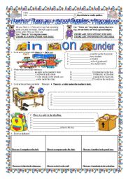 English Worksheet: There is / There are +School Supplies + Prepositions