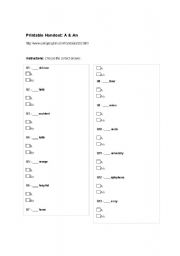 English worksheet: Indefinite Articles A/AN