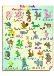 English Worksheet: Cute Animals 1- completing the vowels**fully editable with answer key