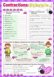 English Worksheet: Contractions/ Short forms    (It�s,  I�m,  He�s, They�re...)