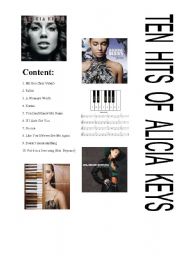 English Worksheet: TEN GREATEST HITS OF ALICIA KEY (song-based activities, fully editable, answer key included)