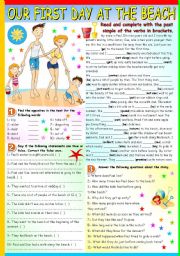 English Worksheet: FIRST DAY AT THE BEACH  (B&W VERSION+KEY INCLUDED)