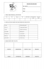 English Worksheet: PERSONAL PRONOUNS, SCHOOL SUPPLIES, THERE IS THERE ARE