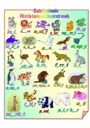 English Worksheet: Cute Animals 2 - completing the words using the correct vowels ** fully editable