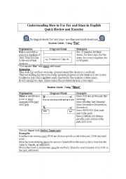 English Worksheet: Understanding How to Use For and Since - Review,  Student Guide, Visuals, Exercise and Answer Key with Explanations