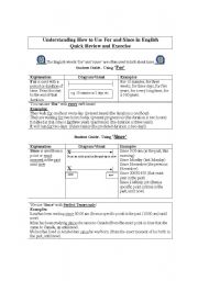 Understanding How to Use For and Since - Review,  Student Guide, Visuals, Exercise and Answer Key with Explanations