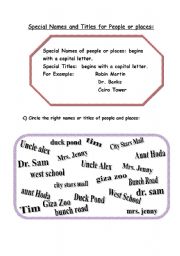 English worksheet: Special names and titles for people or places