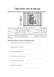 English Worksheet: Toms first visit to the zoo