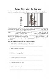 English worksheet: Toms first visit to the zoo