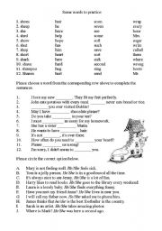 He or She, word list to practice Sh, S and H, fill in the blanks