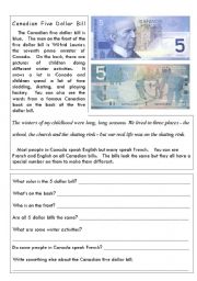 English Worksheet: Canadian Five Dollar Bill Reading Exercise