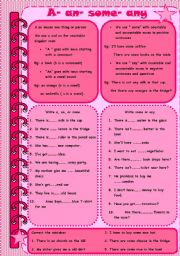 English Worksheet:  A- AN- SOME- ANY ( FULLY EDITABLE- GRAMMAR GUIDE- CLEAR EXPLANATION WITH USEFUL EXERCISES)