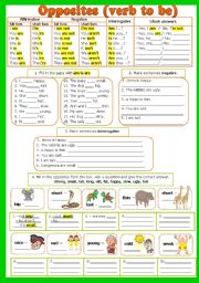 English Worksheet:  Verb to BE and opposites (b/w version included) - fully editable