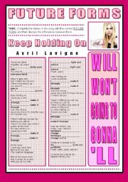 English Worksheet: SONG ACTIVITY - Keep Holding On (By Avril Lavigne) - FUTURE FORMS - Version 2