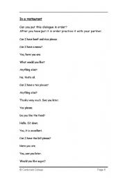 English Worksheet: In a restaurant conversation