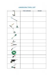 English Worksheet: Gardening Tools List