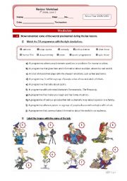 English Worksheet: Revision Worksheet (leisure activities (television programmes mainly), jobs+grammar - simple past, degrees of adjectives - comparative and superlative)