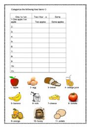 English Worksheet: Categorization activity. (Some/ a-an/ any)