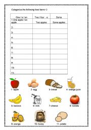 English worksheet: Categorization activity. (Some/ a-an/ any)