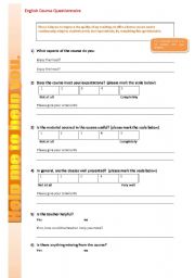 English Worksheet: English Course Questionnaire for Students to complete