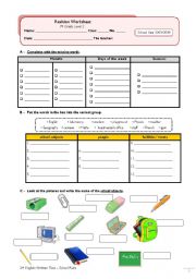 English Worksheet: Revision Worksheet (school, days of the week, seasons, months + grammar - expressing likes and dislikes, present continuous, modal verbs can/ cant)