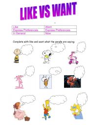 English worksheet: Like & Want