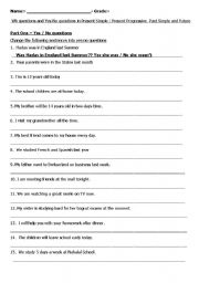 English Worksheet: Yes / No questions and Wh questions on the basic 4 tenses