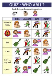 English Worksheet: QUIZ : WHO AM I?  (can / can�t) + follow up activity