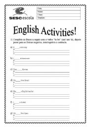 English worksheet: Verb to be activities 