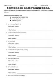 English worksheet: Sentences and Paragraphs