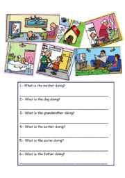 English Worksheet: Family members and present progressive