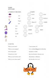 English worksheet: BODY, COLORS AND PERSONAL INFORMATION 